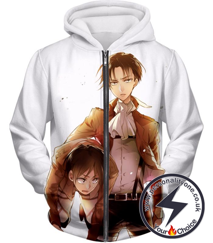 Attack on Titan Captain Levi X Eren Yeager Cool Anime Promo White Zip Up Hoodie